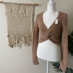 Aerie Cozy Tan Fuzzy cropped Sweater knit front V neck super SOFT NWT reversible
